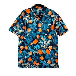 IZOD Golf Mens Large Blue Orange Citrus Print Stretch Performance Polo Shirt